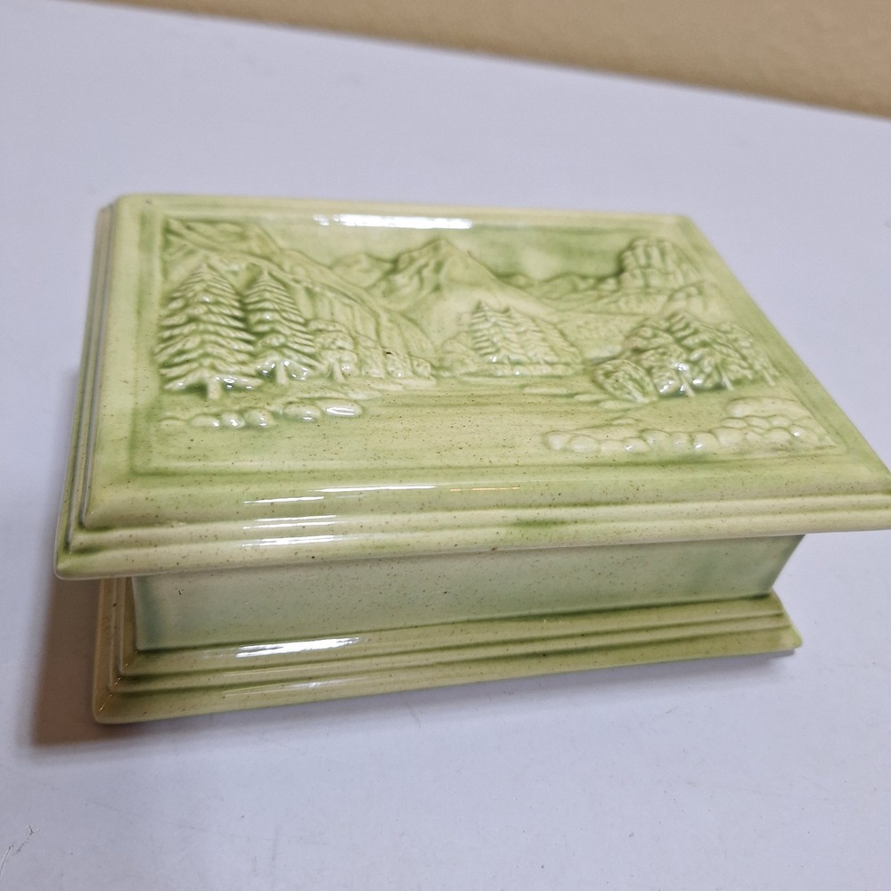 Asian Ceramic Trinket Jewelry Box Celadon Green Mountain Landscape Nature Decor